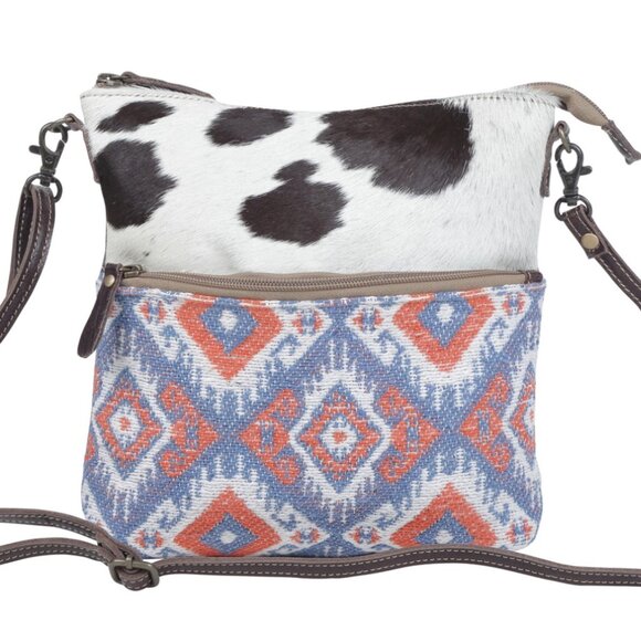 Myra Bag Cotton, Hair On Leather & Canvas "Blue Corals" Small Crossbody Bag New - Picture 2 of 9